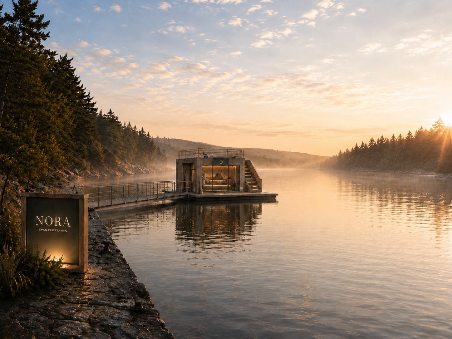 Spa flottant NORA au bord de l’eau, au crépuscule